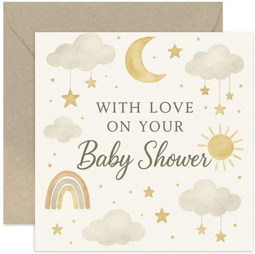 New Baby Shower Card For Mum - Celestial Watercolor Design - Stars Clouds Moon Rainbow Illustration - Warm Wishes For Mummy To Be - Blank Inside With Envelope