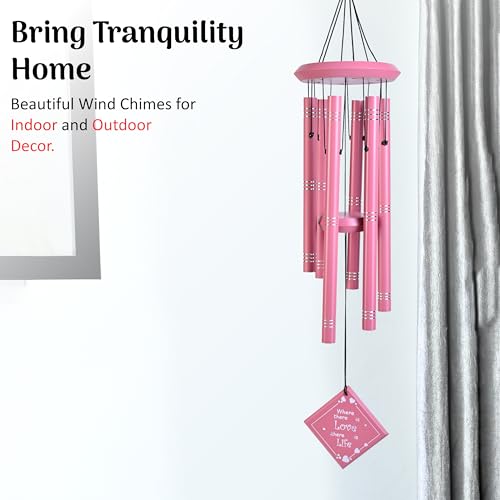 Image of ZAICUS Pink Metal Wind Chime for Home & Garden, Outdoor Wind Bell with Hanging Love Quote Pendant, Decorative Wind Chimes for Balcony Decor