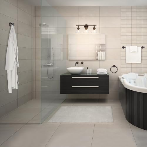 Image of Globe Electric 50192 Parker 5-Piece All-In-One Bathroom Set, Oil Rubbed Bronze, 3-Light Vanity Light with Clear Glass Shades, Towel Bar, Towel Ring, Robe Hook, Toilet Paper Holder, Oil-rubbed Bronze