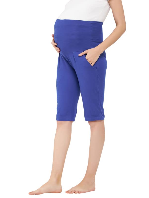 Image of Clovia Women's Cotton Chic Basic Maternity Shorts in Blue
