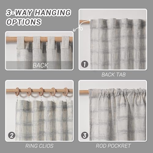 Image of MYSKY HOME Linen Sheer Curtains 95 Inch Length for Bedroom, Living Room Curtains 2 Panel Sets, Soft Plaid Linen Polyester Blend Semi Sheers Light Filtering Back Tab Privacy Drapes, 50 inchx95 inch, Grey