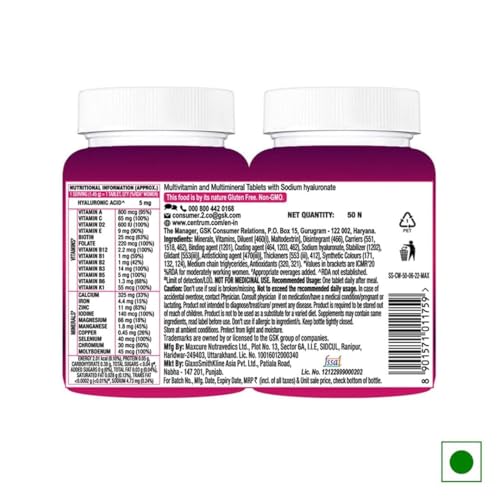 Image of Centrum Women, World's No.1 Multivitamin with Biotin, Vitamin C & 21 vital Nutrients for Overall Health, Radiance, Strong Bones & Immunity (Veg) 50 tablets, Pack of 2