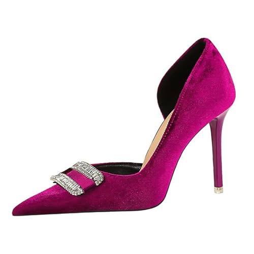 Women's Suede Rhinestone Pointed Stiletto Pumps Sexy Elegant Slip On Evening Party Bridal High Heel Dress Shoes