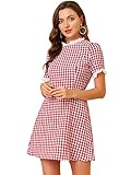 Allegra K Women's Halloween Dorothy Dress Costume Summer Ruffle Neck Lace Panel Short Sleeve Check Gingham Dress Small Red