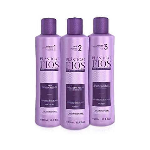Plastica Dos Fios - Brazilian Keratin Hair Smoothing System, Anti Residue Shampoo And Repair Mask, The Best Treatment System - (3x300 ML) (Set of 3) Comb Included. Cover