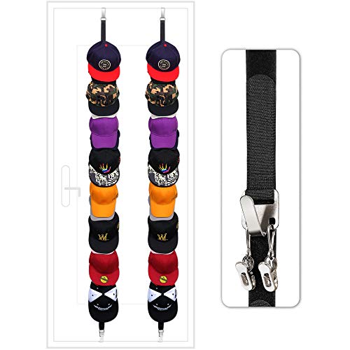 Image of Famistar Velcro+Metal 2 Pack of Baseball Holder 32, Adjustable Cap Display Rack Strap with 8 Hooks and 16 Clips for Door,Closet and Wall,Hat Storage Organizer
