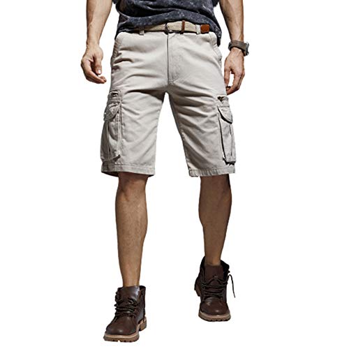 qingduomao Men's Premium Twill Cargo Shorts 13-Inch Relaxed-Fit Multi-Pocket Casual Short Light Grey