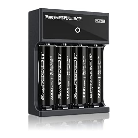 AmpTORRENT Rechargeable Lithium AA Batteries, 3000mWh Lithium AA Battery, AA Batteries Rechargeable with Charger, 2h Fast Charge, 1.5V Constant Output, Lasting Power, Leakproof Design, 1600 Cycles Cover