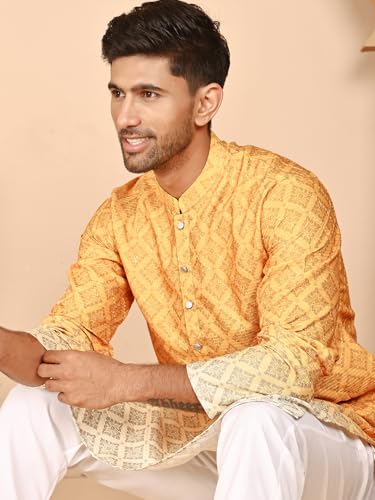 Image of Jompers Thread Work & Lequin Embellilhed Printed Kurta Let for Men (Mustard, L)
