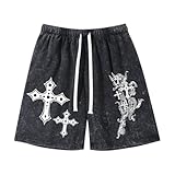 Oiiaayy Boy's Goth Cross Graphic Shorts Gothic Grunge Punk Emo Kids Vintage Acid Wash Cotton Casual Shorts...