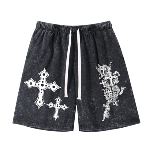 Oiiaayy Boy's Goth Cross Graphic Shorts Gothic Grunge Punk Emo Kids Vintage Acid Wash Cotton Casual Shorts with Pockets(Black,9-10 Years)