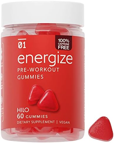 Caffeine Free Pre-Workout Energy Gummies - Vegan Energy Supplement with Lions Mane Mushroom, Rhodiola, Vitamin B12, & Beet Root - Gummies Energy Chews for Running, Endurance, & Focus (60 Count)