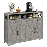 Befrases Farmhouse Buffet Cabinet with Drawers & Barn Doors, Sideboard with Storage, Kitchen Pantry Cabinet Hutch, Coffee Bar Station for Kitchen, Dining Room, Living Room, 52' L, Washed Grey
