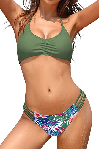 SHEKINI Damen Sexy Bikini Set Bandeau Bademode Neckholder Bikinioberteil Elegant Gedruckt Triangel Bikinihose Zweiteiliger Badeanzug (L,Olivgrün)