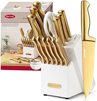 McCook® Knife Sets, Golden Titanium Stainless Steel Kitchen Knife Block Sets with Built-in Sharpener