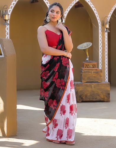 Image of SIRIL Women's Chiffon Printed Saree With Unstitched Blouse Piece