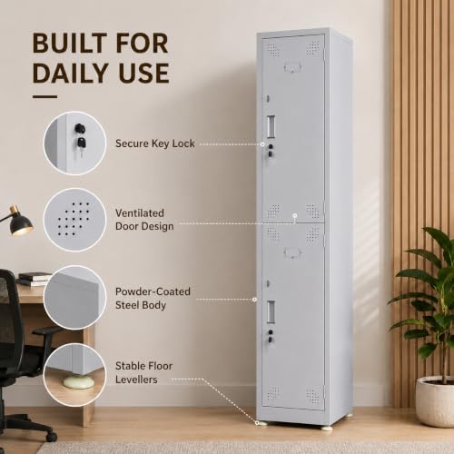 Image of Amazon Brand - Solimo 2 Door Steel Staff Locker Cabinet | Heavy Duty Lockable Storage Cupboard for Office Gym School Hostel Home | Powder Coated Metal Personal Storage Locker (Grey)
