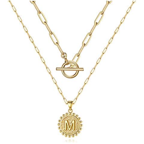 M MOOHAM Gold Layered Initial Necklaces for Women, 14k Gold Plated Paperclip Chain Necklace Coin Initial Necklace Layering Gold Choker Necklaces for Women Letter Necklaces, Metal, not known Cover