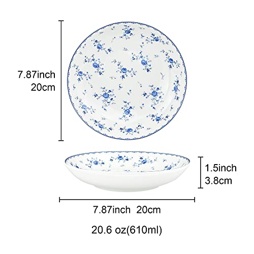 fanquare 20cm Porcelain Salad Plates Set of 4, Spring Floral Patterned Side Plates, Blue and White Dinner Service