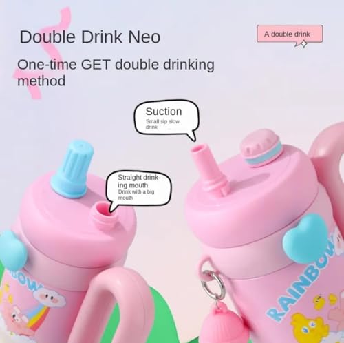 Image of Fancy Kitchen Cartoon Kids Tumbler - 850ml Stainless Steel Double-Walled Travel Mug - Leak-Proof, BPA-Free with Straw - Perfect for School & Outdoor Use. (Rainbow Pink)