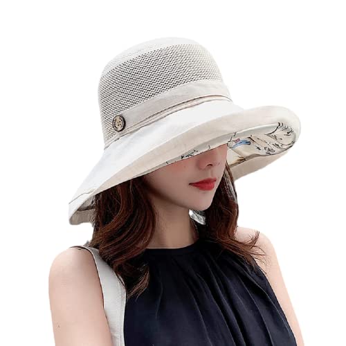 Women Mesh Sun Hats Summer Beach UV Protection UPF Packable Foldable Travel Wide Brim Chin Strap (S1-Beige)