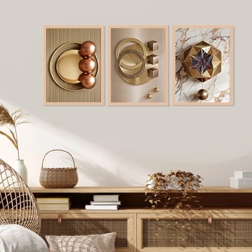 Image of ARAkri Geometric Abstract Wall Art Set of 3, Framed Poster Prints, Gold and Copper Tones, Modern Abstract, Ready to Hang, Living Room Decor (Art 2, 13 x 17 inch)