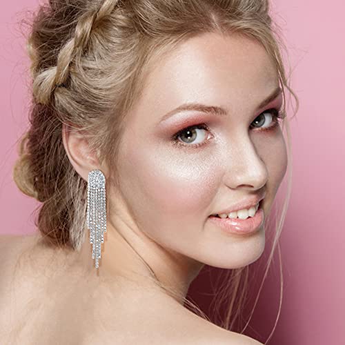THUNARAZ 4 Pairs Silver Clip on Earrings for Women, Sparkly Rhinestone Tassel Chandelier Teardrop Dangle Earrings for Brides Bridesmaids Non Pierced Prom Jewelry Set3
