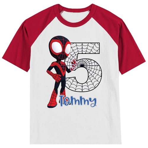 Personalized Black Spider Boy Super Hero Birthday Shirt | Handmade Decorated Shirt | Personalized with Name and Age | Unisex Short Sleeve Raglan T-Shirt