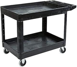 Rubbermaid Commercial Products 2-Shelf Utility/Service Cart, Medium, Lipped Shelves, Storage Handle, 500 lbs. Capacity, for Warehouse/Garage/Cleaning/Manufacturing (FG452089BLA)