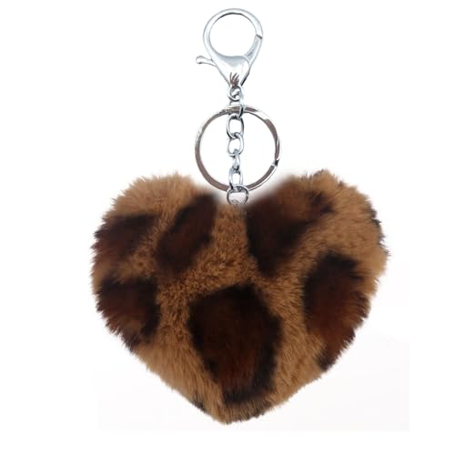 Unpafcxddyig Pom Pom Keychain Artificial Fur Ball Keychains Fluffy Tote Pendant Car Bag Charm heart Leopard brown