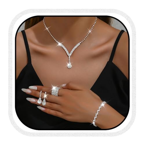 Unicra Bridal Wedding Jewelry Set Silver Rhinestone Necklace Earrings Sets Formal Costume Jewelry for Women and Brides