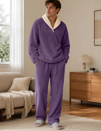 Image of Mens Fluffy Coral Fleece Pajamas Set Pullover Pants Loose Plush Warm Loungewear Sleepwear