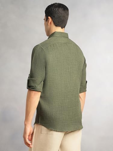 Image of Thomas Scott Men's | Solid | Textured Fabric | Full Sleeve | Slim Fit | Polyester-Blend | Spread Collar | Casual Shirt