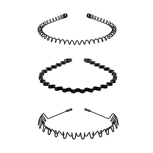 MOFEINI 6Pcs Metal Headbands for Men Women's Hairbands, Spring Wavy Hair Hoods Unisex Black Fashion Metal Headbands Non-slip Simple Sports Headwear Accessories (3pcs)