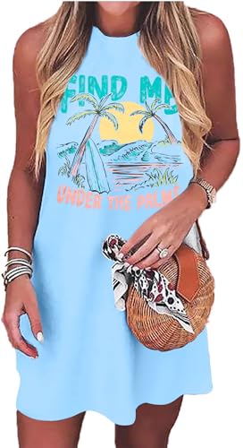Image of MYHALF Summer Tank Dress for Women Sleeveless Beach Vacation Sundress Short Coconut Tree Sun Dress Casual Coverup