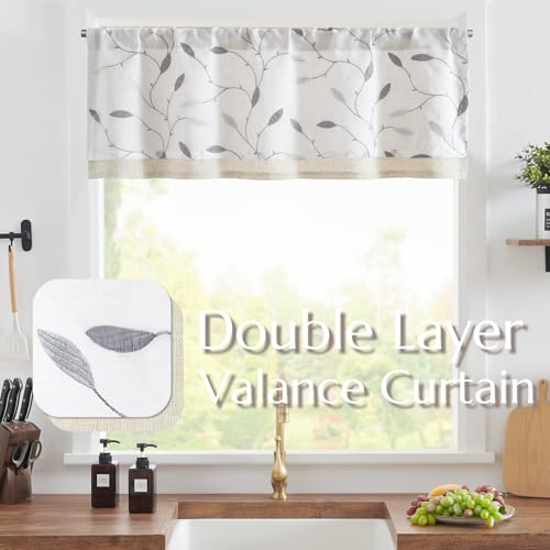 jinchan Sheer Valance for Window Gray Leaf Embroidered 18 Inch 1 Panel - image 2