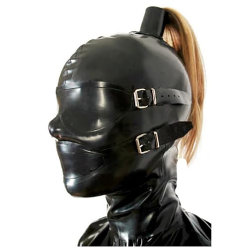 WXLPCGO Black Latex Hood Mask with Blond Ponytail Wig and Removable Blindfold and Mouth Piece Back Zipper Open Eyes Mouth Nose(Size:L-68CM)