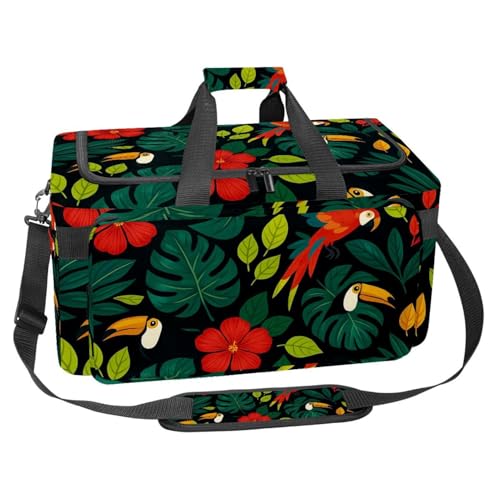 Travel Duffel Bags for Men and Women, Waterproof Weekender Overnight Gym Bags, Tropical Leaves Parrots