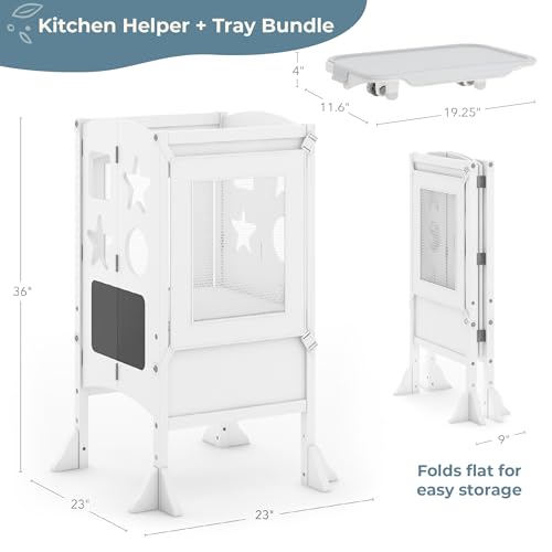 Guidecraft-Kitchen-Helper-Toddler-Tower-and-Mealtime-and-Play-Tray-Bundle-Classic-White-Folding-Adjustable-Step-Stool-with-Keepers-Non-Slip-Mat-and-Easy-to-Clean-Detachable-Tray-Table Guidecraft Kitchen Helper Toddler Tower and Mealtime and Play Tray Bundle Classic White Folding Adjustable Step Stool with Keepers Non Slip Mat and Easy to Clean Detachable Tray Table