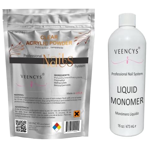 Veencys Acrylic Powder for Nail (16 oz CLEAR) + Veencys TRUE EMA Professional Liquid Monomer- Non-yellowing- Ultra Shine and Strong Nail Extension (16 FL oz) Cover
