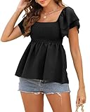 HEYTALALA Women’s Off The Shoulder Tops Ruffle Trim Short Sleeve Square Neck Smocked Peplum Blouses Cute Summer Casual Babydoll Shirts Black