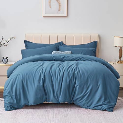 Aisbo King Size Duvet Covers Set Denim Blue - 3Pcs Bedding Set Kingsize Bed Soft Brushed Microfiber Quilt Cover with 2 Pillowcases