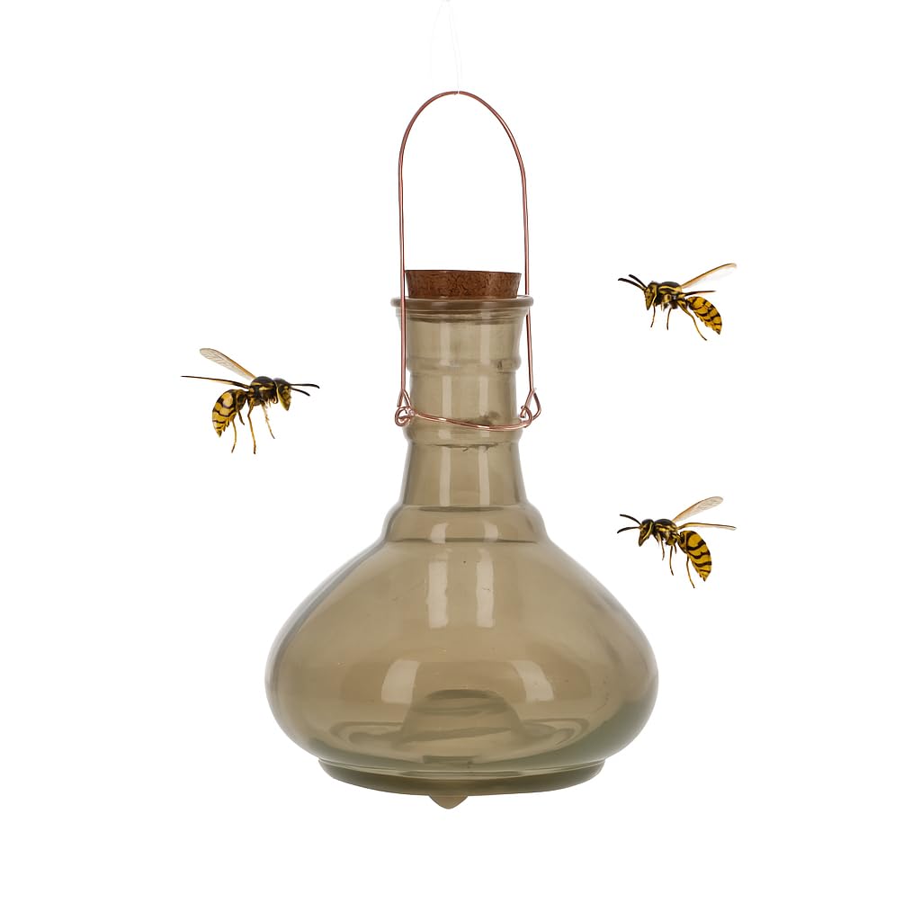 CKB LTD 1x Extra Large Wasp Trap Catcher - Glass Honey Pot Bulbous Bottle Design with Metal Hanger Traditional Attractive Hanging For Insect Indoor Outdoor Garden Pest Control (Light Grey)