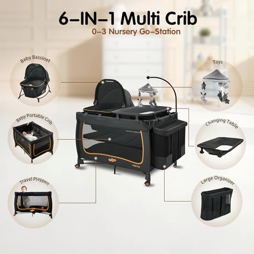 Image of Pamo Babe 6 in 1 Baby Pack and Play with Bassinet - One-Step Setup Travel Crib, Small Portable Playpen for Babies, Portable Baby Bassinet, Changing Table, Toys Bar & Extra Large Storage Bag