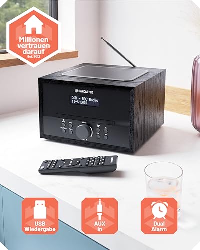 DAB+ Radio mit CD Player | Stereoanlage Bluetooth 5.0 | 40W 2.0 Stereo Lautsprecher Küchenradio | Kompaktanlage DAB+ & UKW | Musikanlage mit Doppelalarmfunktion& Fernbedienung | OAKCASTLE DAB400