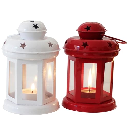 Image of Mini Metal Tea Light Lantern Set of 1 Candle Holder Home Decor | Perfect for Living Room, Bedroom, Pooja Space, Festive Decor, Weddings, Housewarming & Gifting Ideal for Diwali, Wedding - White & Red