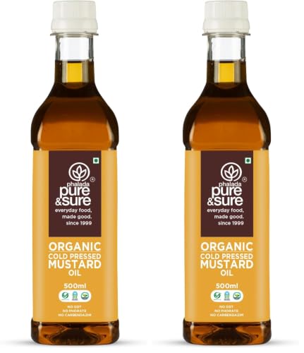 Image of Pure & Sure Organic Cold Pressed Mustard (Kachi Ghani) Oil 500 ml | Natural Sarso Tel for Cooking, Hair Care & Skin Care | Rich Flavour and Nutrients (Pack of 2)