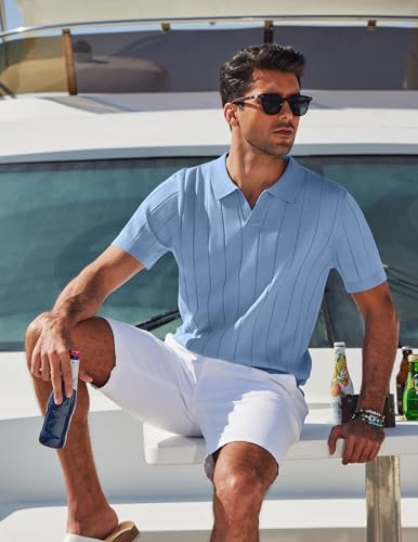 Image of COOFANDY Mens Polo Shirts Short Sleeve V Neck Knit Shirts for Men Casual Old Money Clothes Mens Golf Shirt
