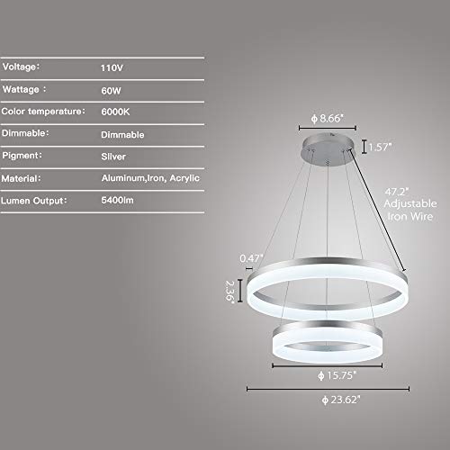 Welaki Led Chandeliers Modern Pendant Light, Adjustable Two Rings Dimmable Chandelier Lighting Fixture For Living Room Bedroom Kitchen Island Resturant Dining Room, 6000K Cool White,60W (Silver Shell) #TOP3