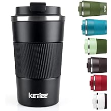 KETIEE Travel Mug 12oz, Vacuum Insulated Coffee Mug with Leakproof Lid, Travel Coffee Tumbler Stainless Steel Double Walled Reusable Coffee Cup for Hot and Iced Water Black